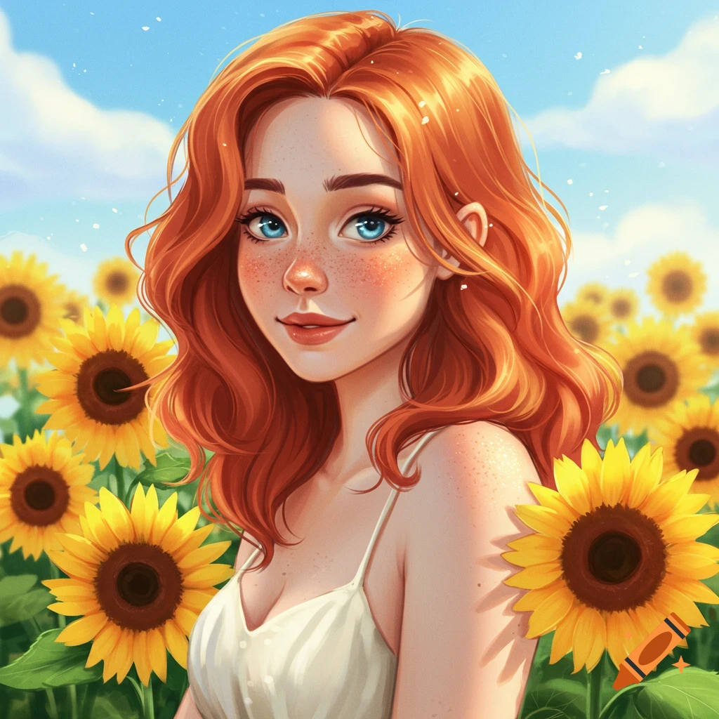 An illustration portrait of a red-haired young woman with freckles and blue eyes, standing in a field of sunflowers.