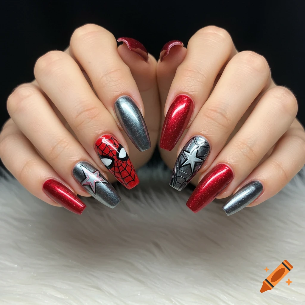 Hands with superhero-themed nail art featuring Spider-Man mask, Captain America star, and metallic red/silver polish.