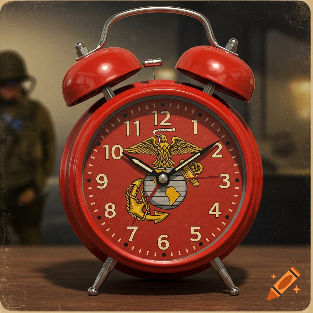 A red alarm clock with a Marine Corps emblem and a fouled anchor on its face, sitting on a wooden surface.