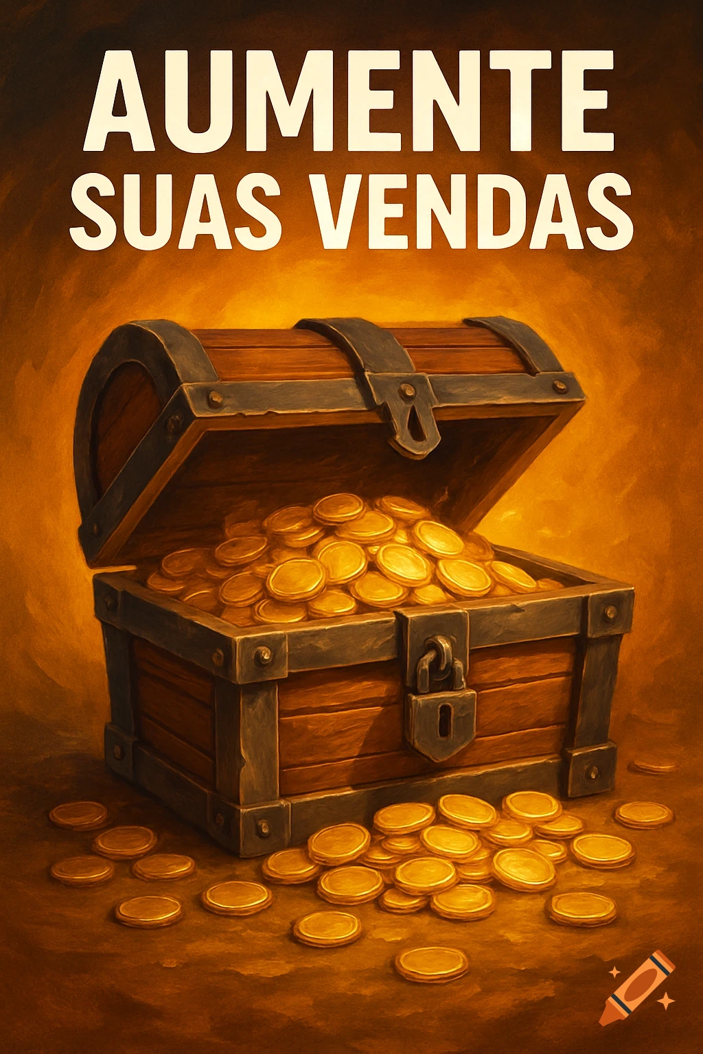 A wooden treasure chest overflowing with gold coins and text 'AUMENTE SUAS VENDAS'.
