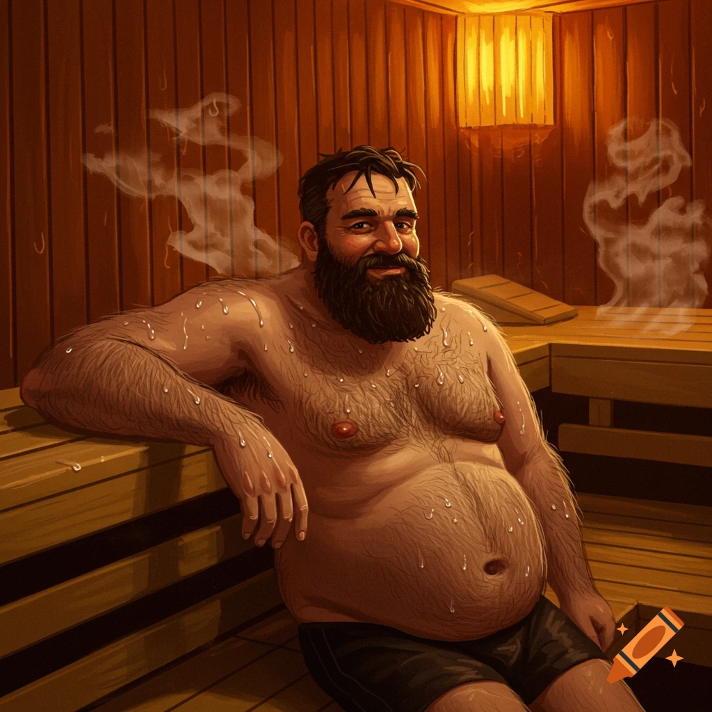 Hairy man relaxing in a sauna.