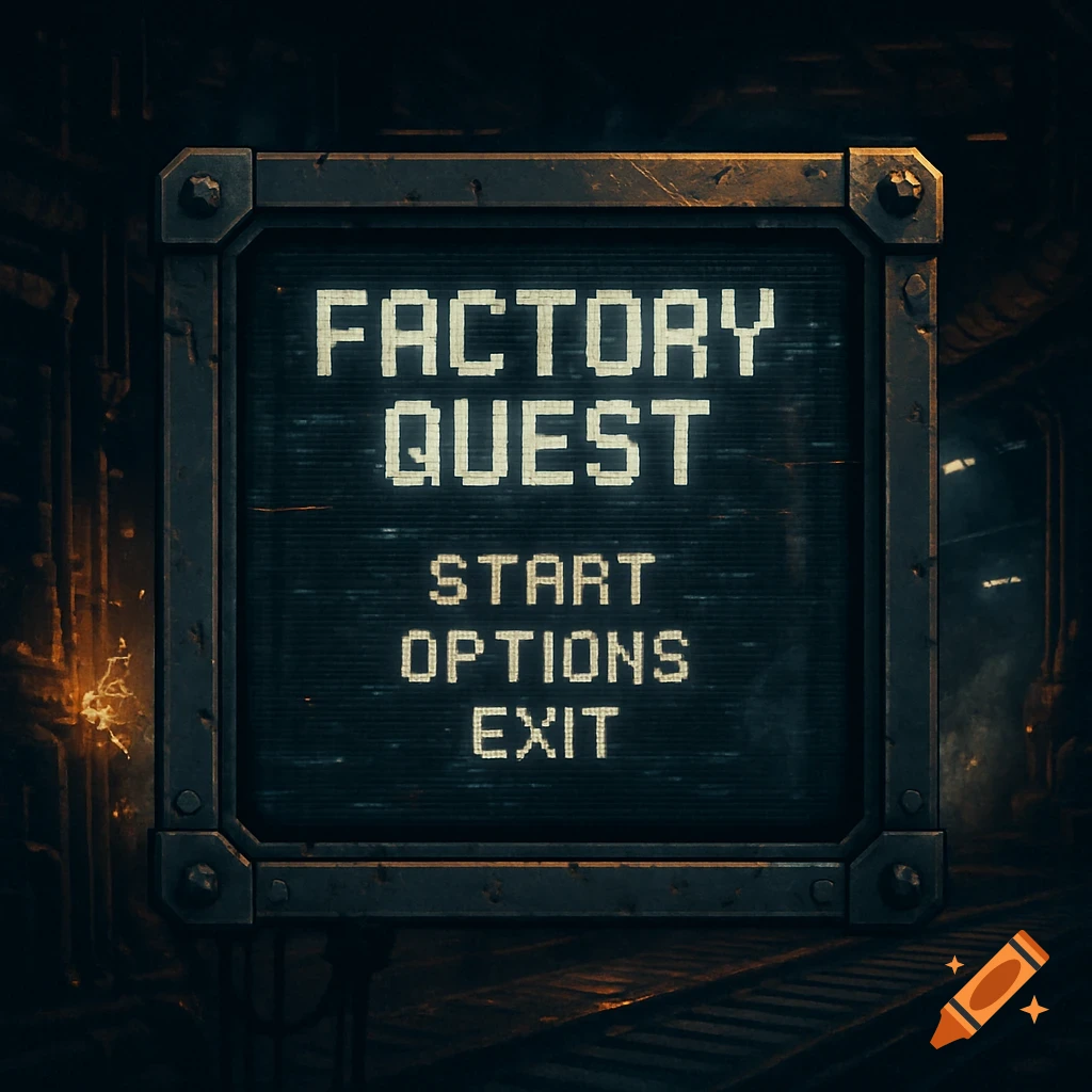 Video game menu screen with pixel text, industrial metal frame, and dark sci-fi background.