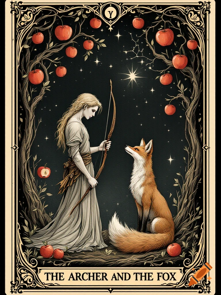 Tarot card illustration of an archer with a bow looking at a fox under starry trees with apples. Ornate border.