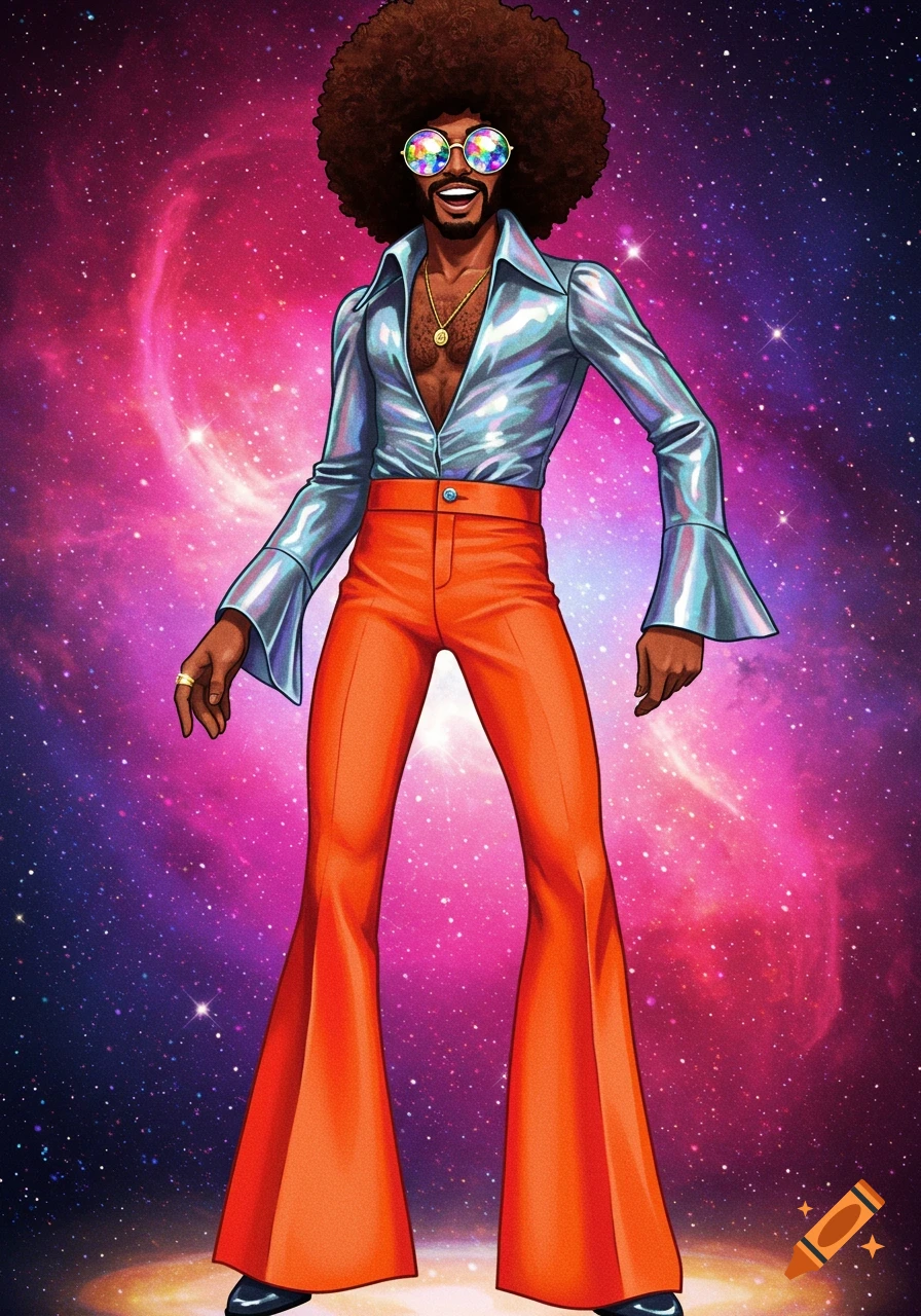 A man in a sparkly shirt, orange bell-bottom pants, and afro dances against a starry space background.