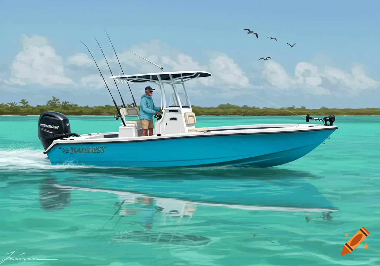 Illustration of a blue fishing boat with a person driving on clear water, with birds flying.