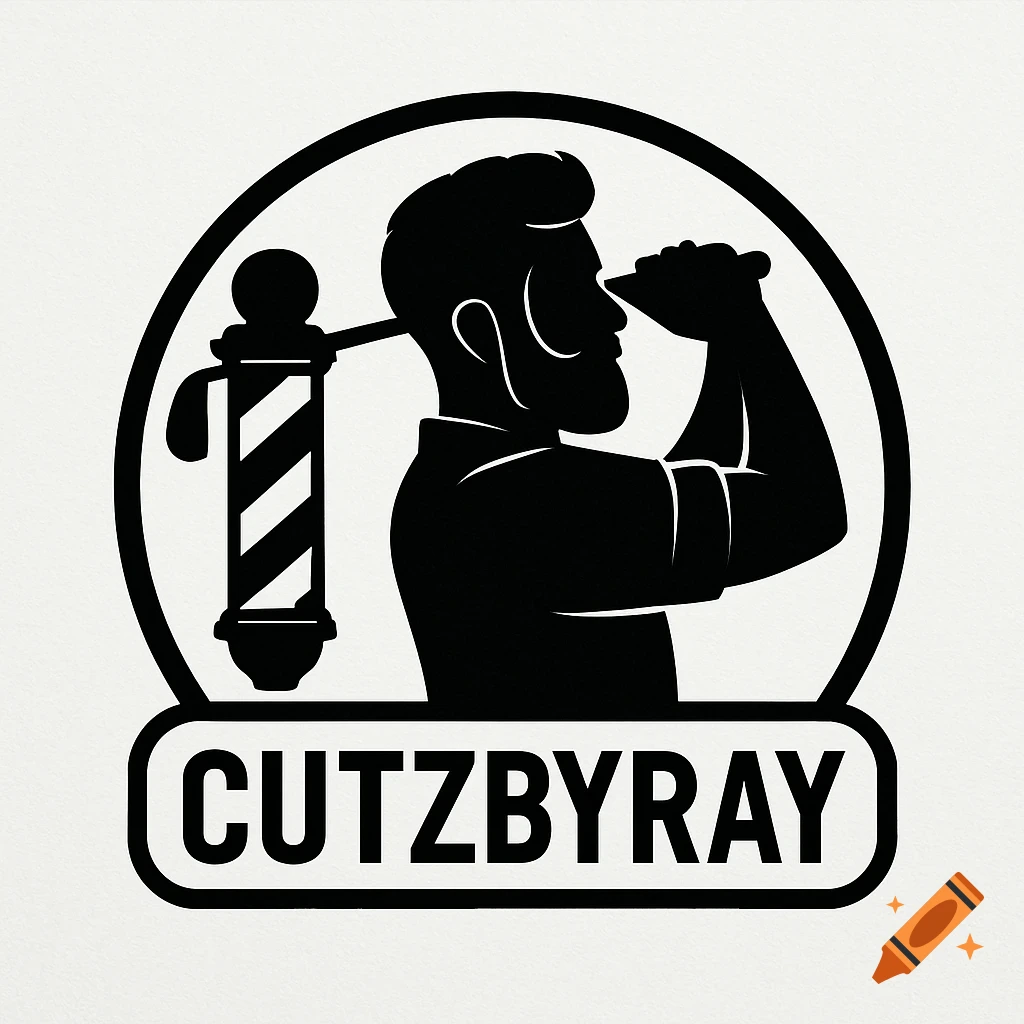Black silhouette logo for CUTZBYRAY featuring a man and a barber pole.