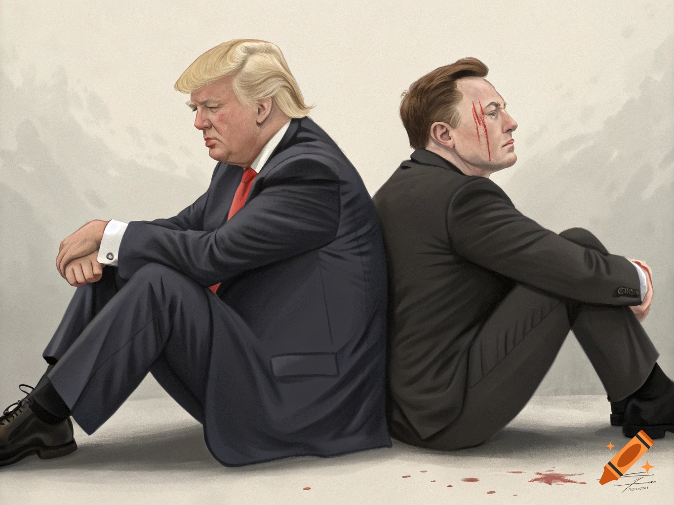 Illustration of Donald Trump and Elon Musk sitting back-to-back with cuts and bruises.