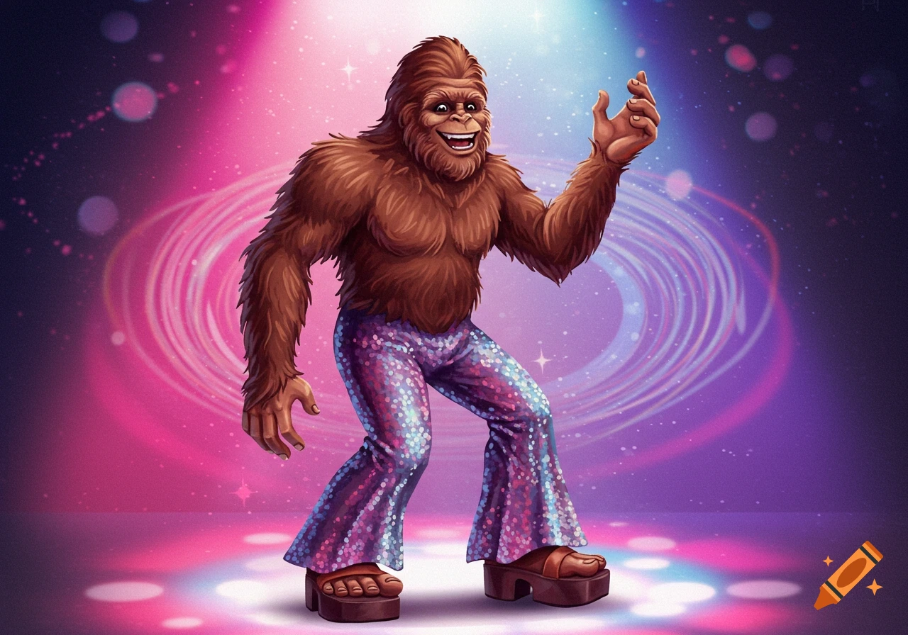 A cartoon Bigfoot dances in sparkly purple disco pants and platform shoes on a lit floor.