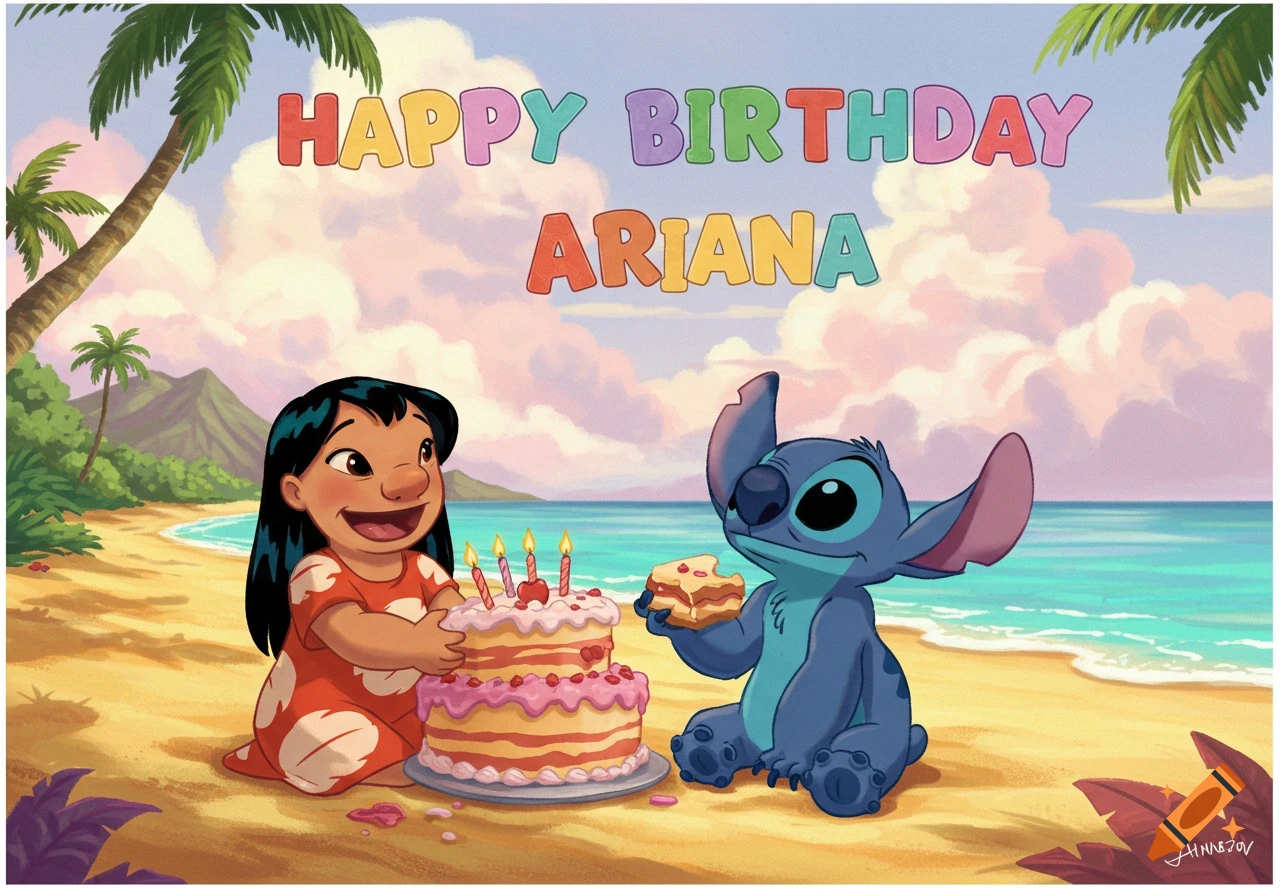 Lilo and Stitch with a birthday cake on the beach, with 'Happy Birthday Ariana' text