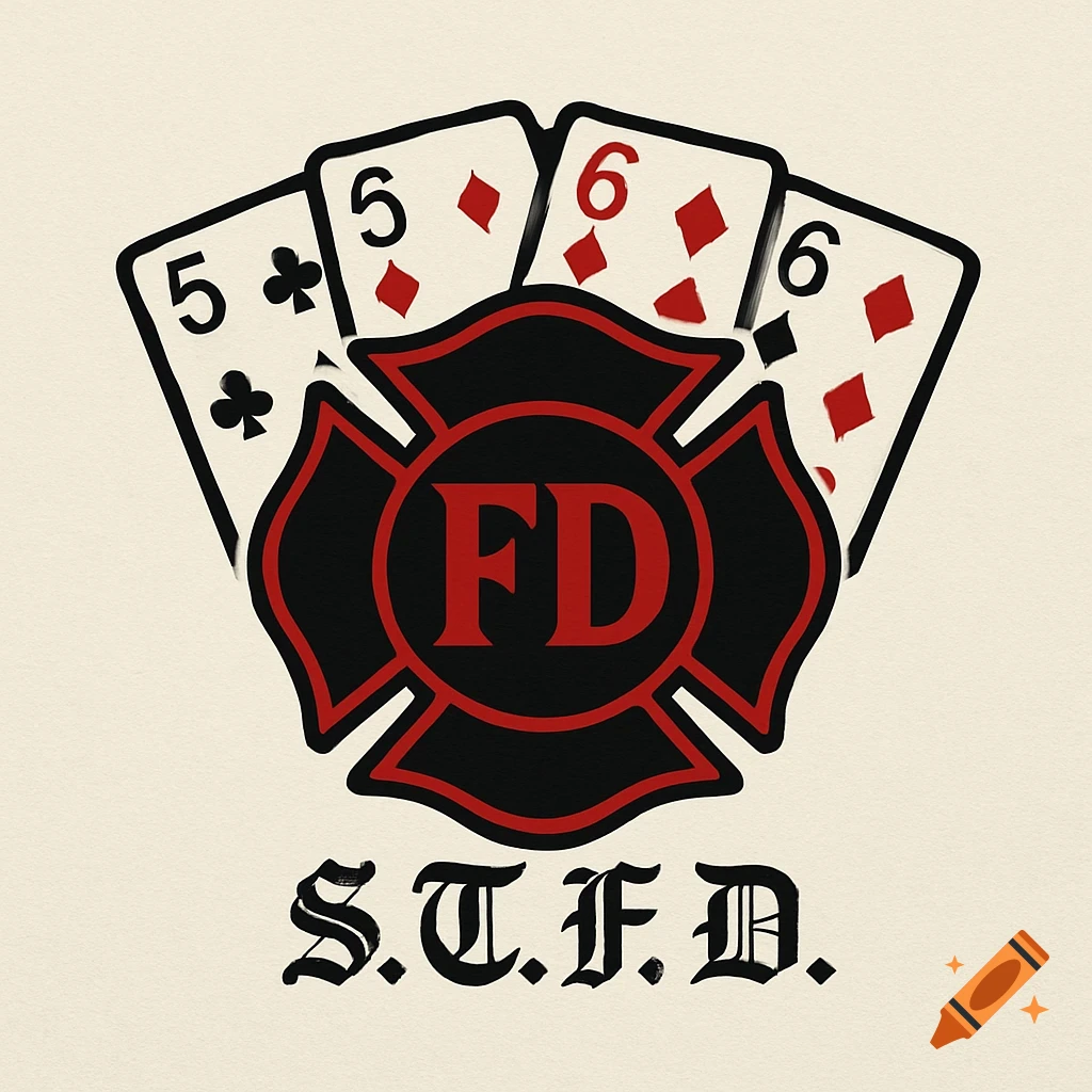 A firefighter logo with playing cards and text 'FD' and 'S.T.F.D.'