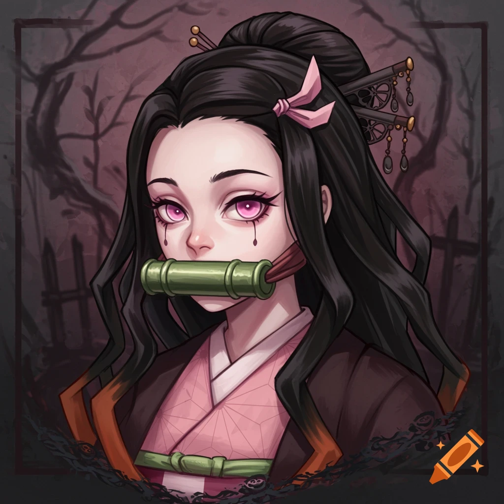 Portrait of Nezuko from Demon Slayer in gothic style, with pink eyes, bamboo muzzle, against a dark background.