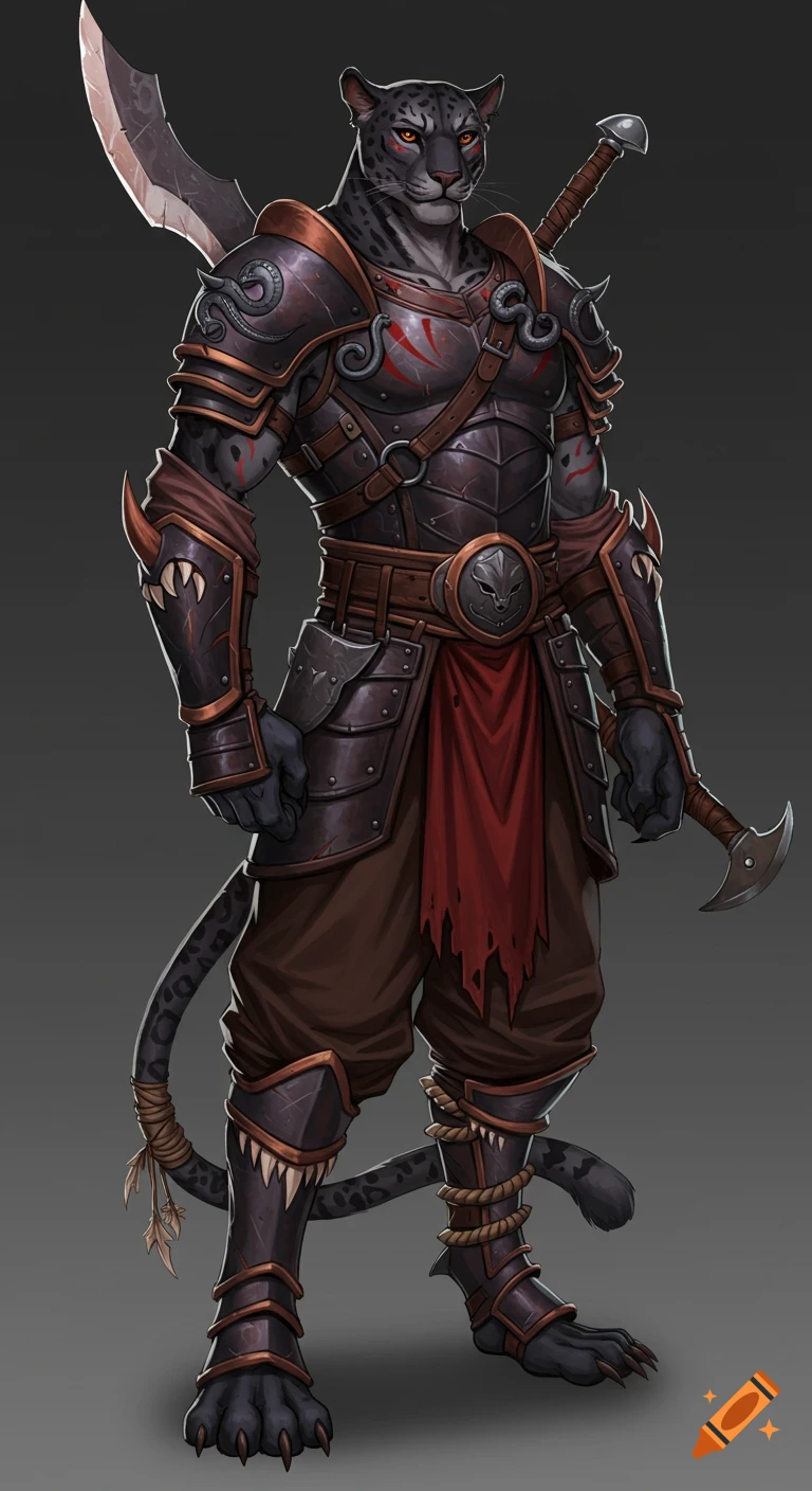 Full-body illustration of a jaguar warrior in dark armor with a cutlass ...