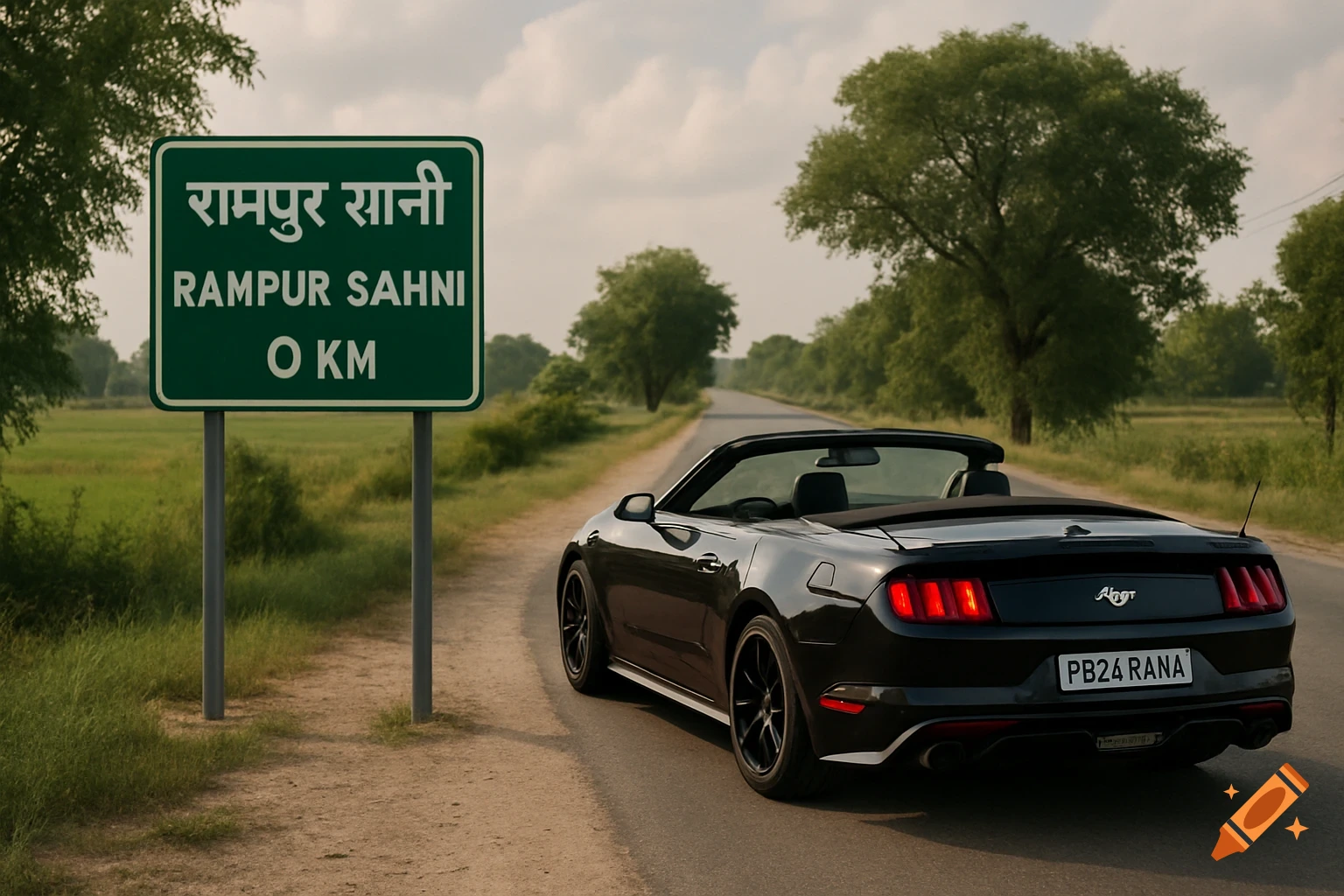 Black convertible car on a country road next to a green sign.