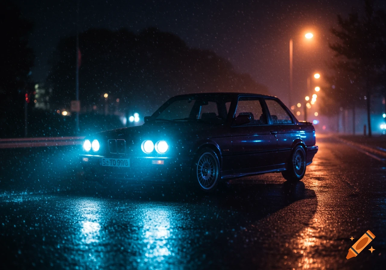 A dark purple 1990 BMW E30 parked on a wet street at night in the rain, headlights casting blue light.