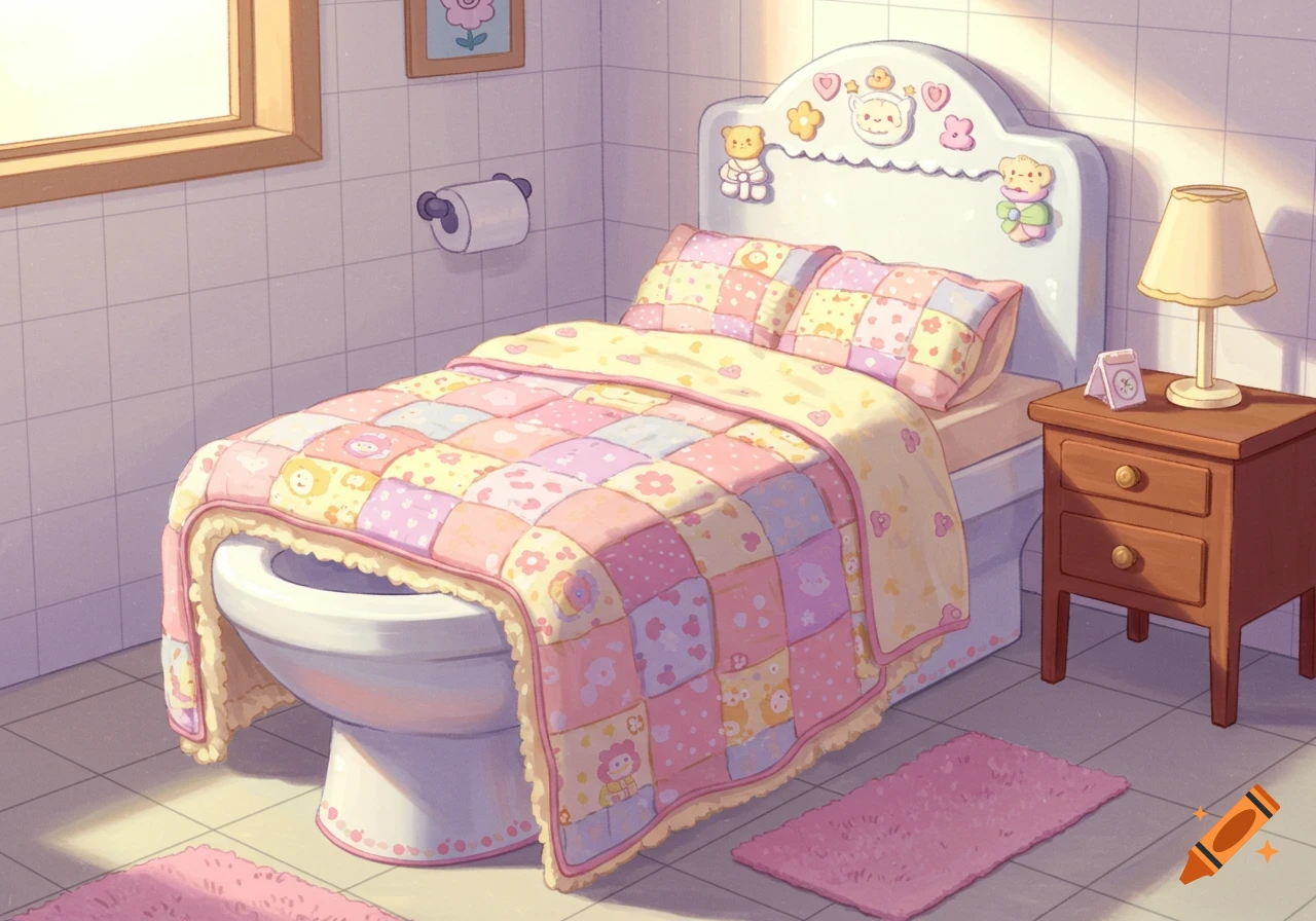 Illustration of a bed set up on a toilet in a pastel bathroom with a cute patterned quilt and headboard.