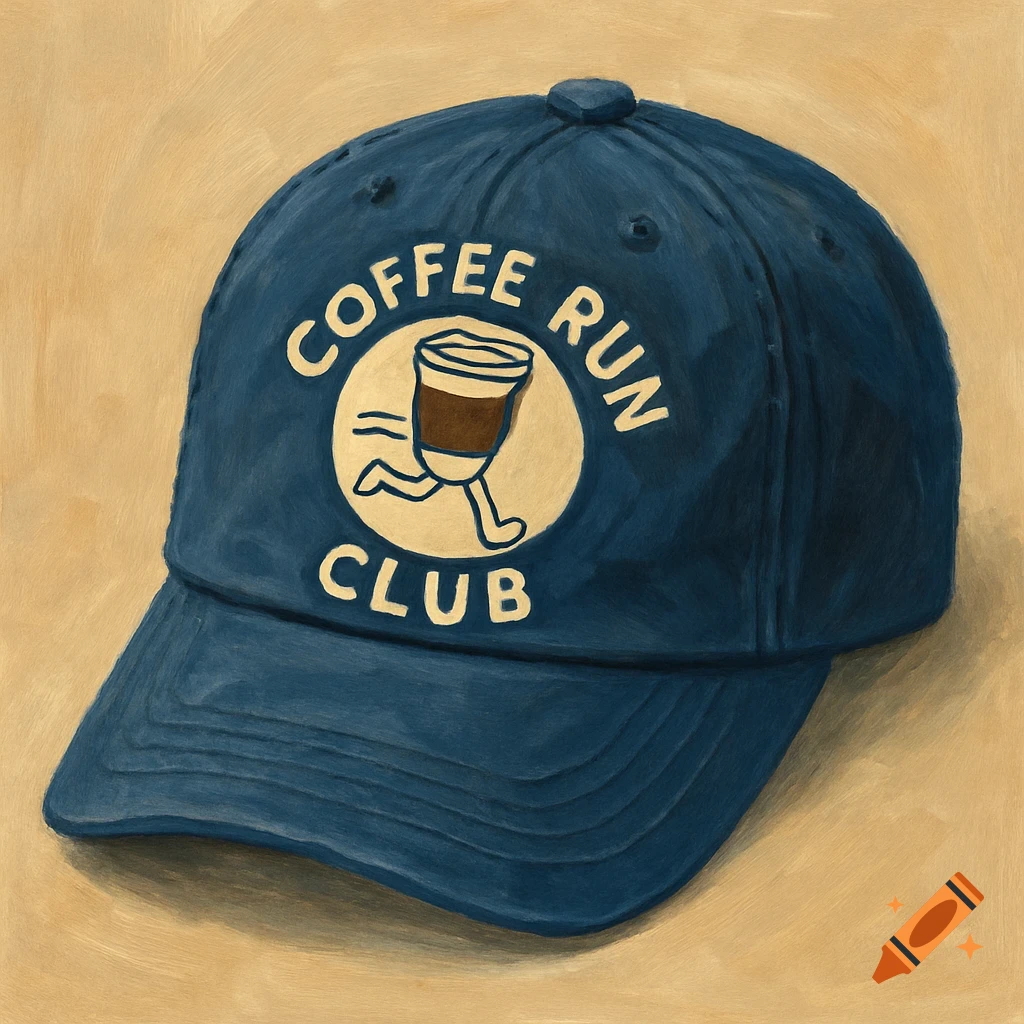 Blue baseball cap with a coffee cup logo and 'Coffee Run Club' text in a painted style.