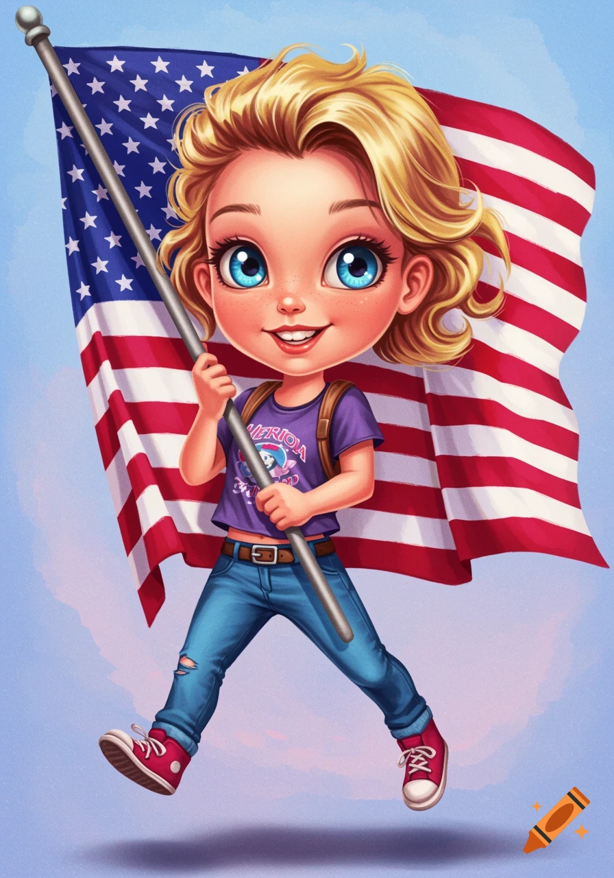 Chibi illustration of a cute girl holding a large American flag.