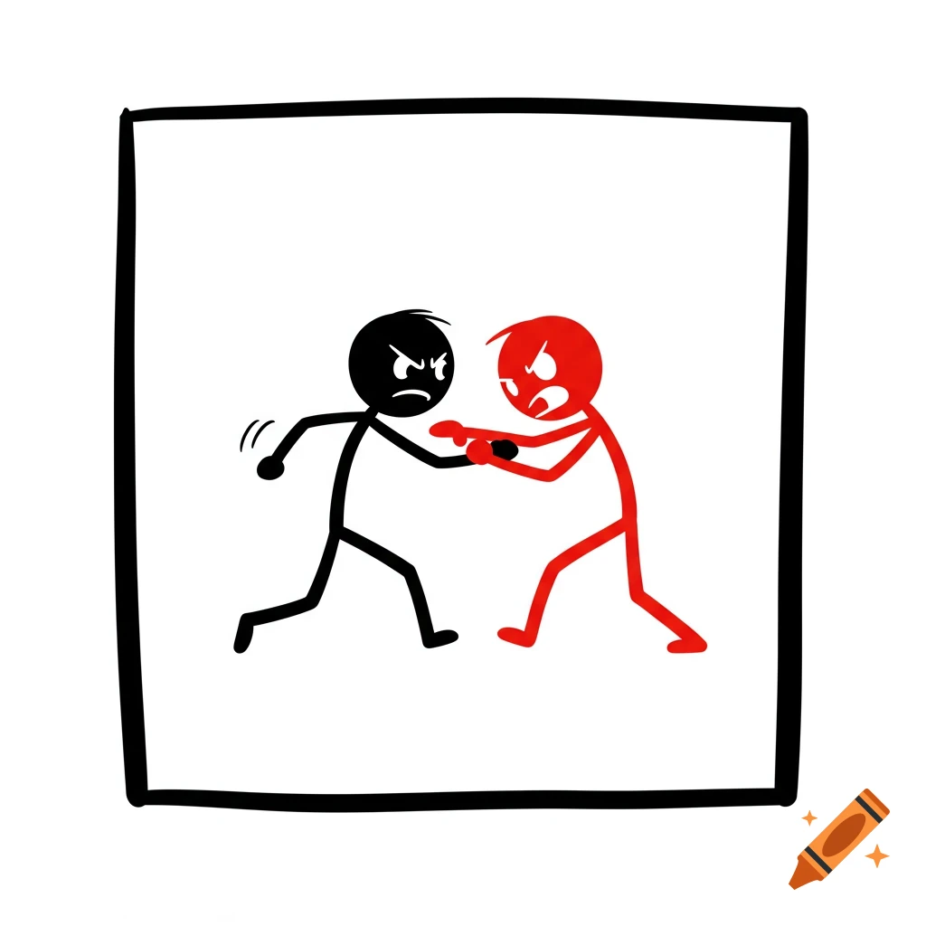 A simple illustration of a black stick figure and a red stick figure fighting.
