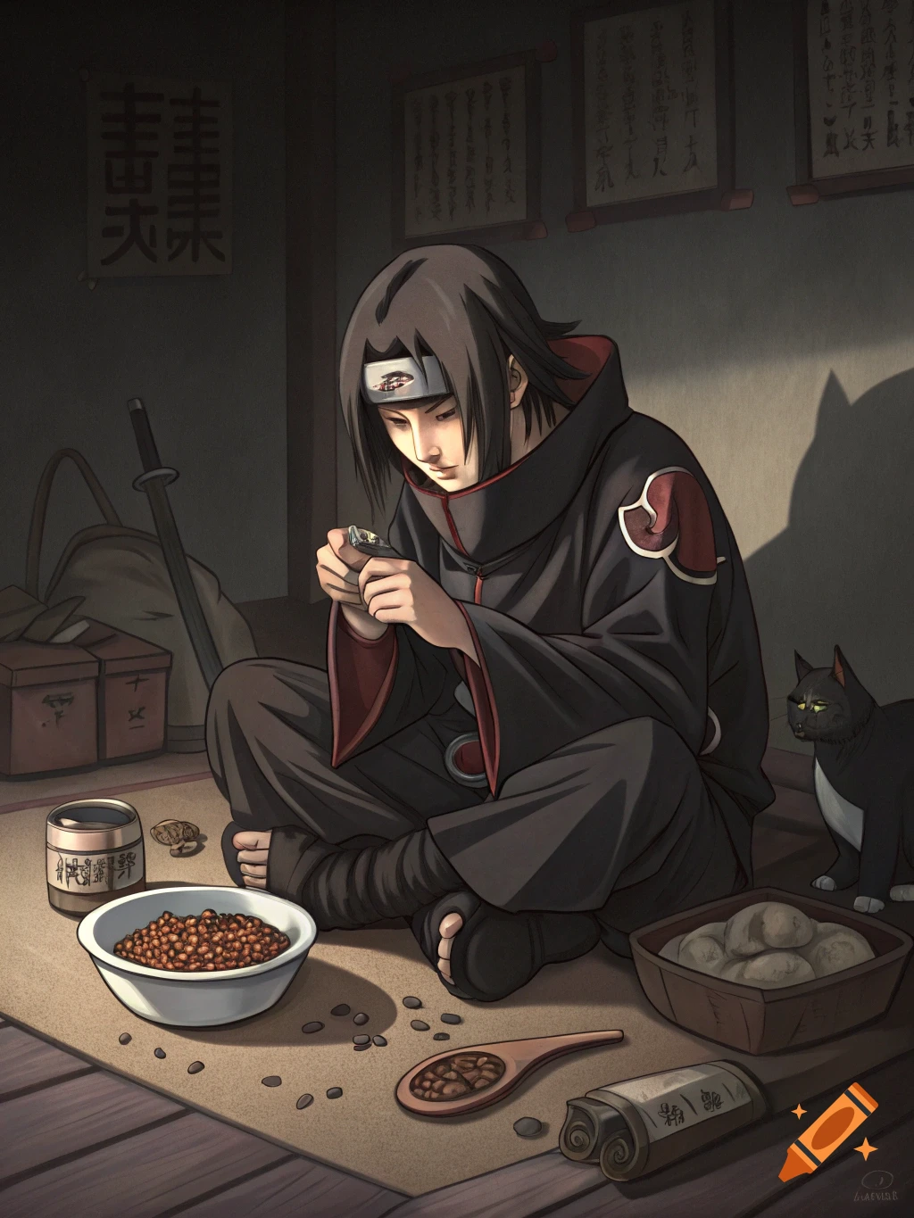 Itachi Uchiha sits on the floor eating with a cat beside him, anime style