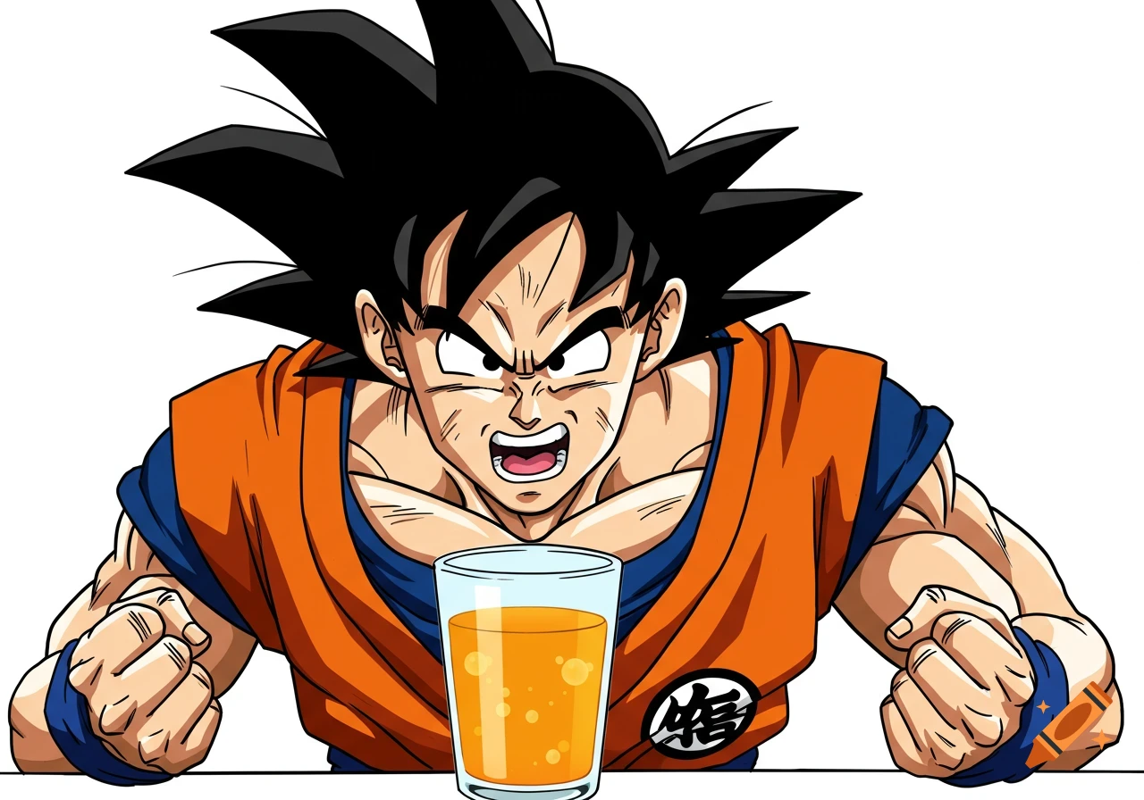 Goku from Dragon Ball Z looking intently at a glass of orange juice, anime style.