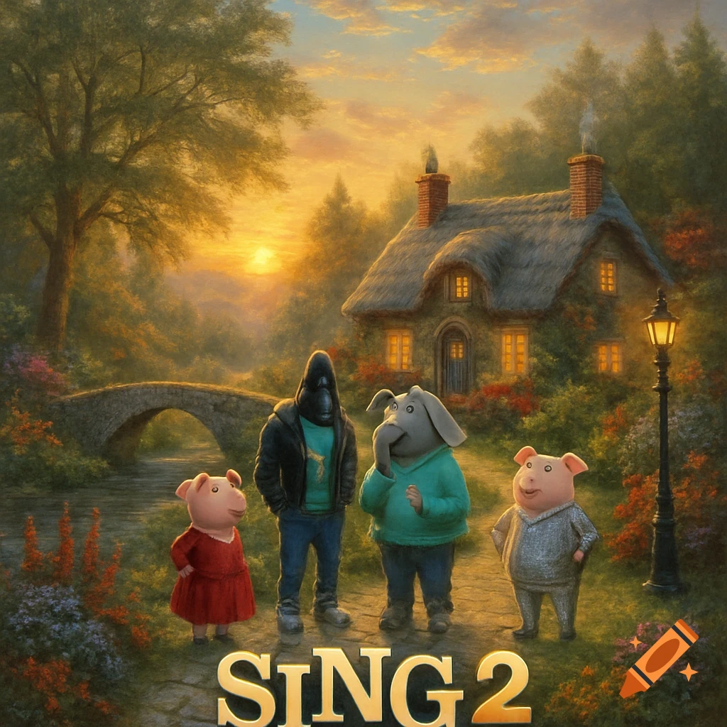 Characters from Sing 2 stand in a pastoral landscape with a cottage at sunset, in a detailed painting style, with the logo SING 2.