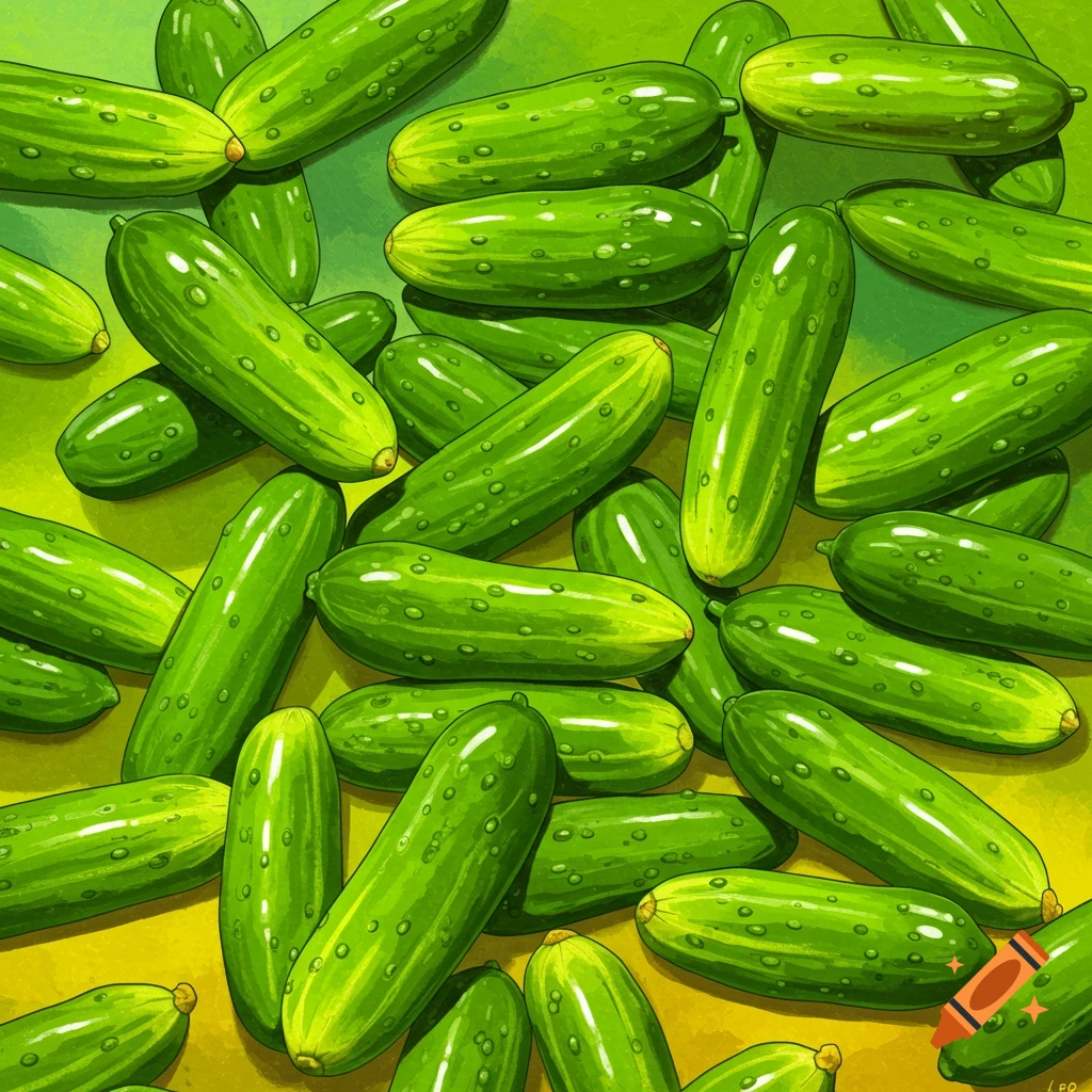 Pile of green cucumbers or gherkins creating a pattern, illustrative style.