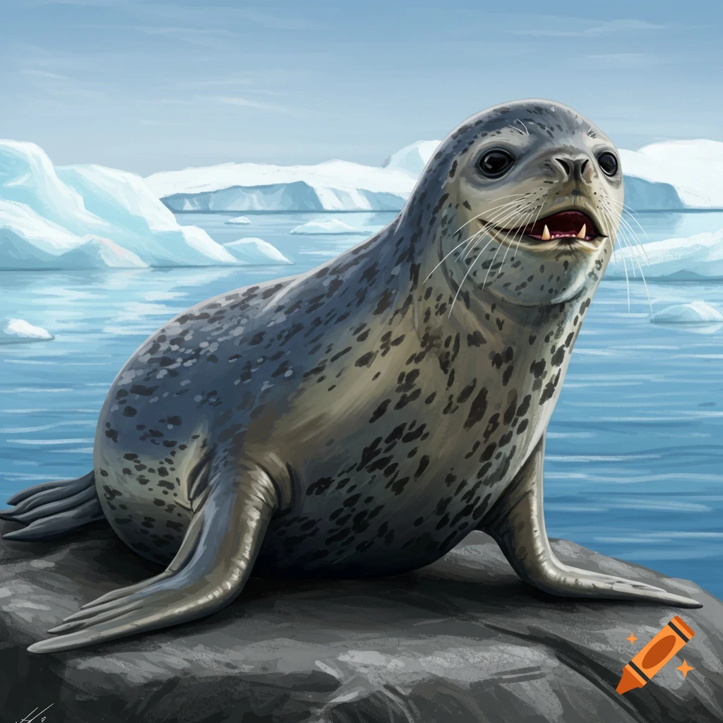 An illustration of a seal sitting on a rock near icebergs and blue water.