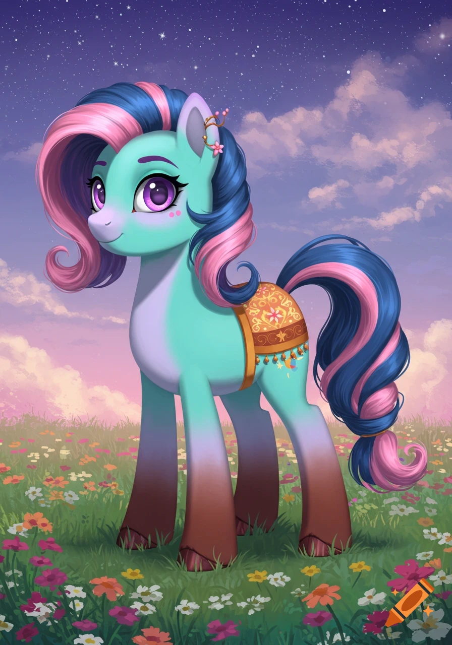 A colorful pony stands in a field of flowers under a starry sky.