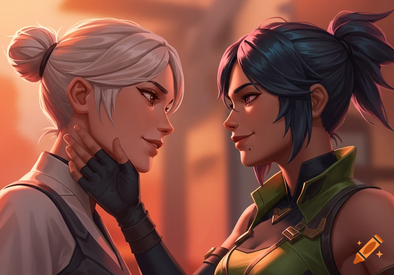 Sage and Reyna from Valorant looking at each other lovingly in an anime style.