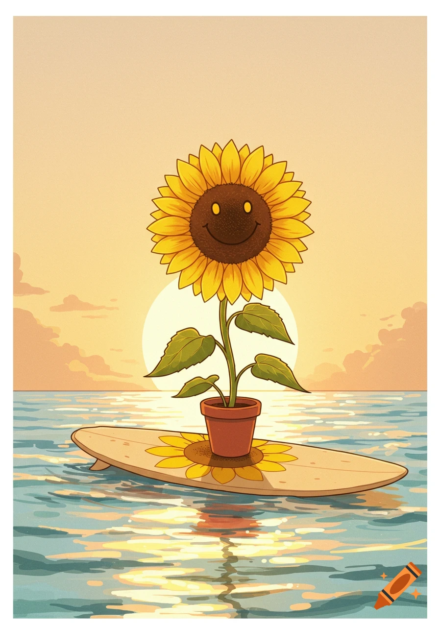 Cartoon sunflower with a smiley face in a pot on a surfboard floating in the ocean at sunset.