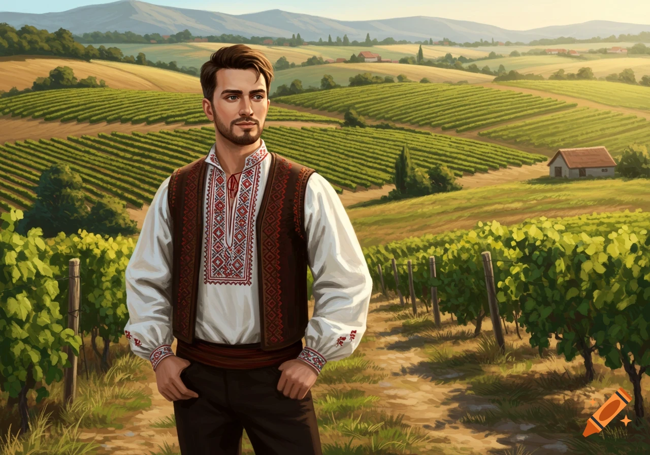 Man in traditional clothing in a vineyard landscape painting.