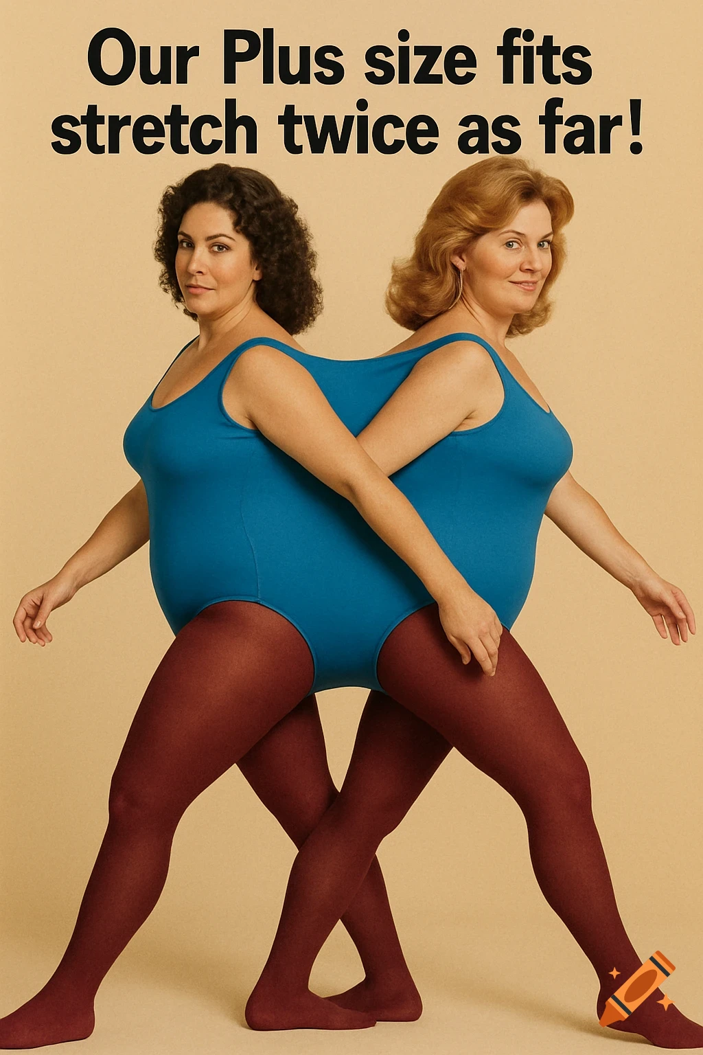 Retro ad with two women in a blue leotard sharing the garment, text overlay 'Our Plus size fits stretch twice as far!'