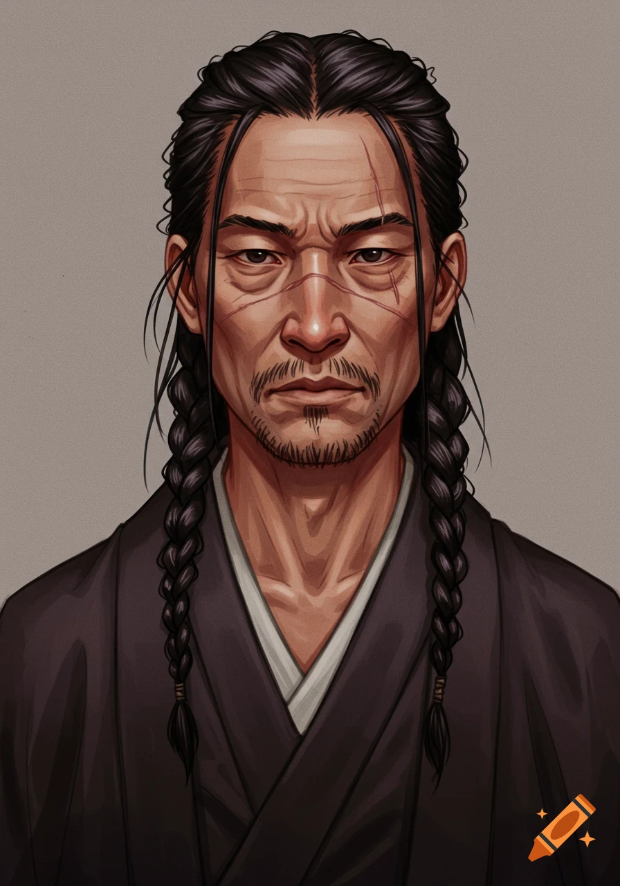 Portrait of an older Asian man with long black braided hair, a goatee, and scars on his face, wearing traditional dark clothing.