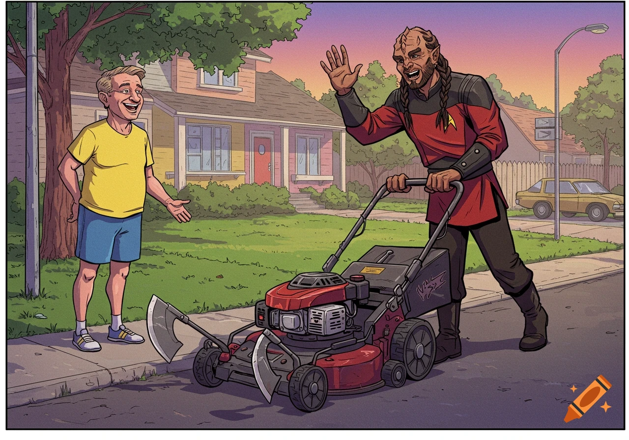 Cartoon of a Klingon warrior using a lawnmower with batleth blades, waving to his neighbor on a suburban street