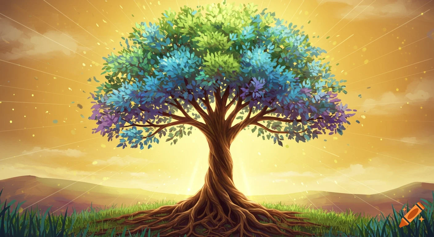A vibrant tree with green, blue, and purple leaves stands in a grassy field under a golden sky with radiating light.