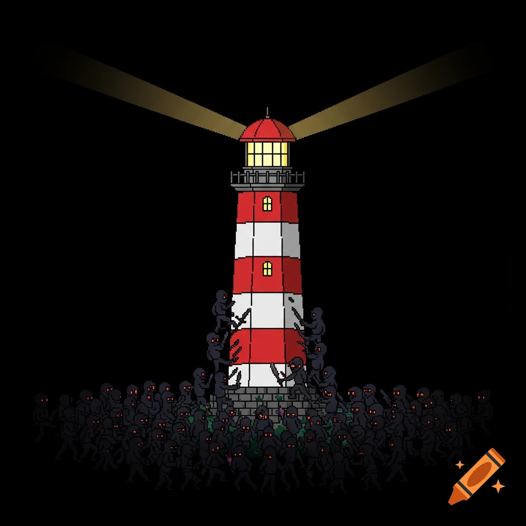 Pixel art of a red and white lighthouse being swarmed by a horde of dark figures with red eyes.