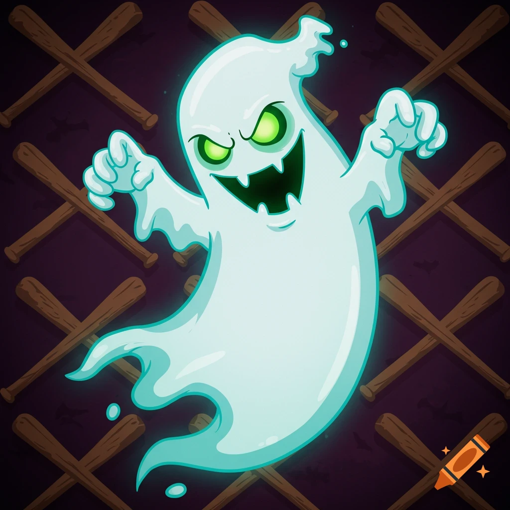 A cartoon ghost with glowing green eyes and a sharp-toothed grin floats in front of a background of crossed baseball bats.