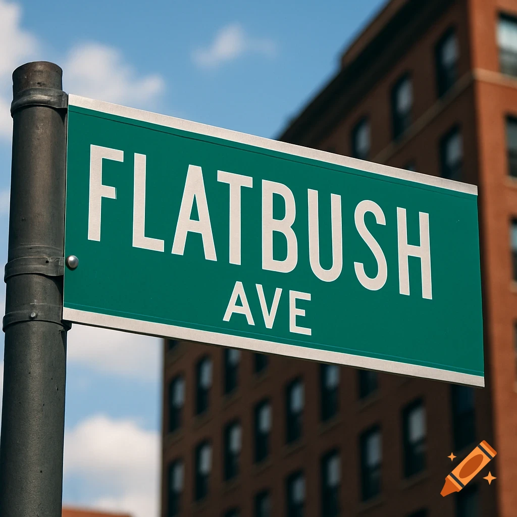 A green street sign reads FLATBUSH AVE against a brick building and blue sky. Photorealistic.