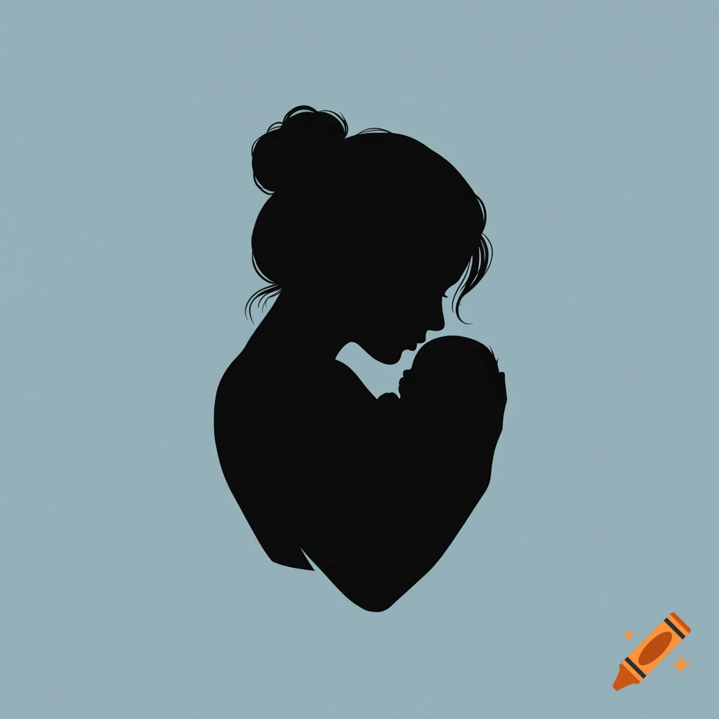 Silhouette of a mother cradling a newborn baby against a plain blue background.