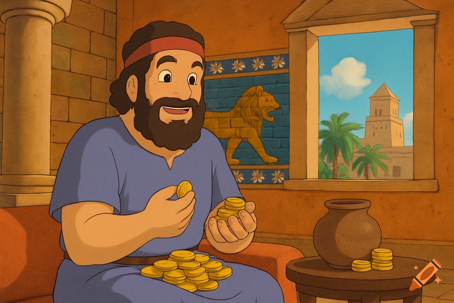 Bearded man counts gold coins in a room with Babylonian art, anime style