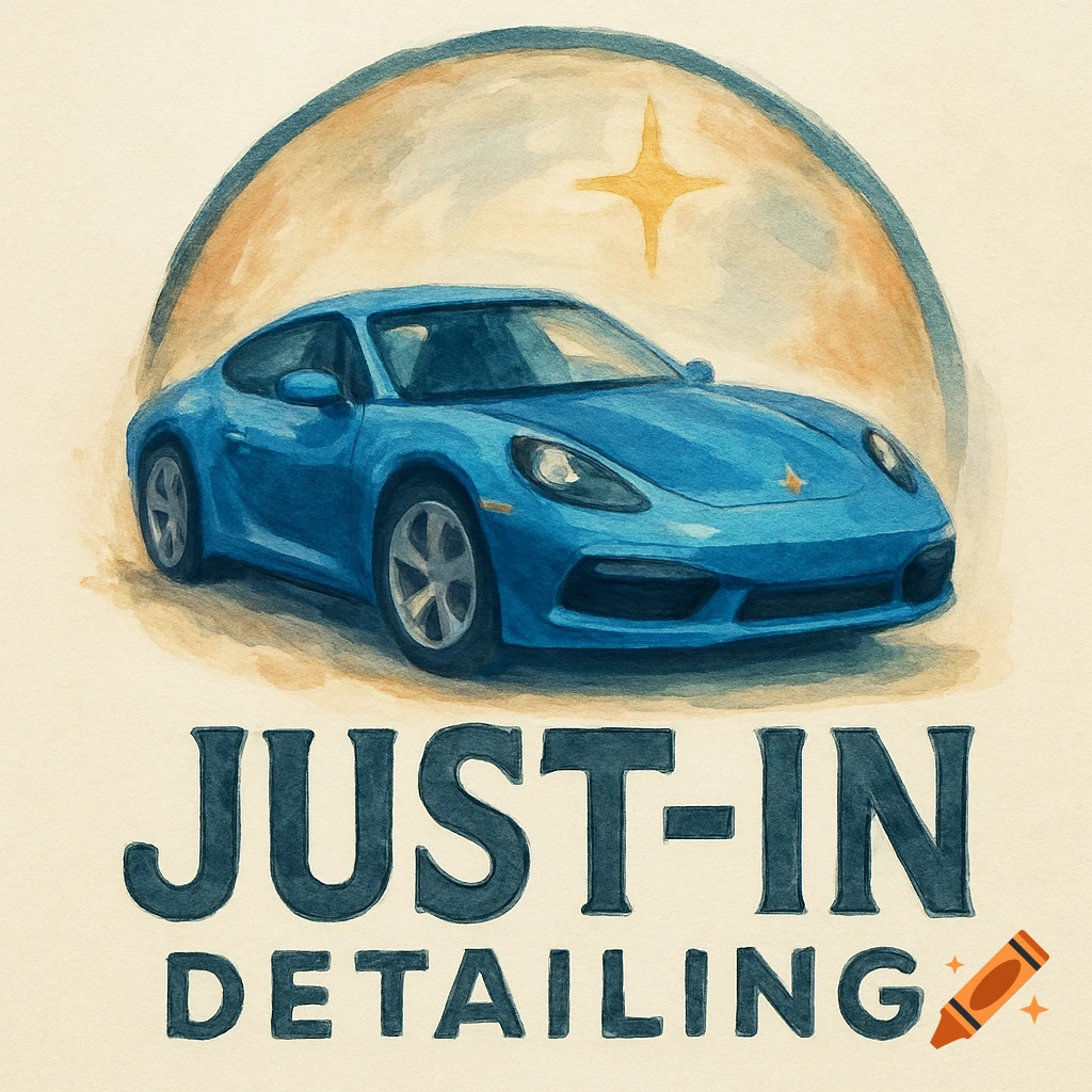 Watercolor logo of a blue car with the text JUST-IN DETAILING