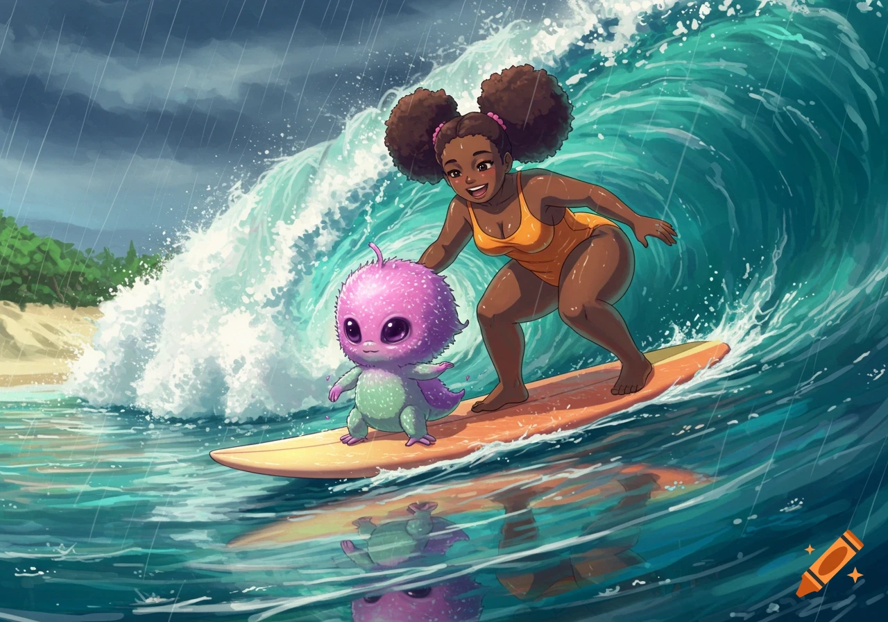Anime digital painting of a woman and a fluffy alien surfing a wave.