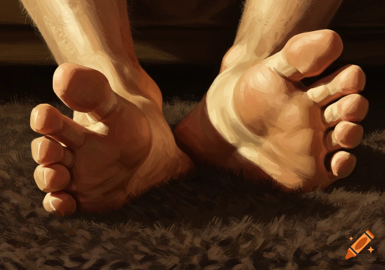 Close-up digital painting of two bare feet on a dark, fuzzy surface, lit from the side.