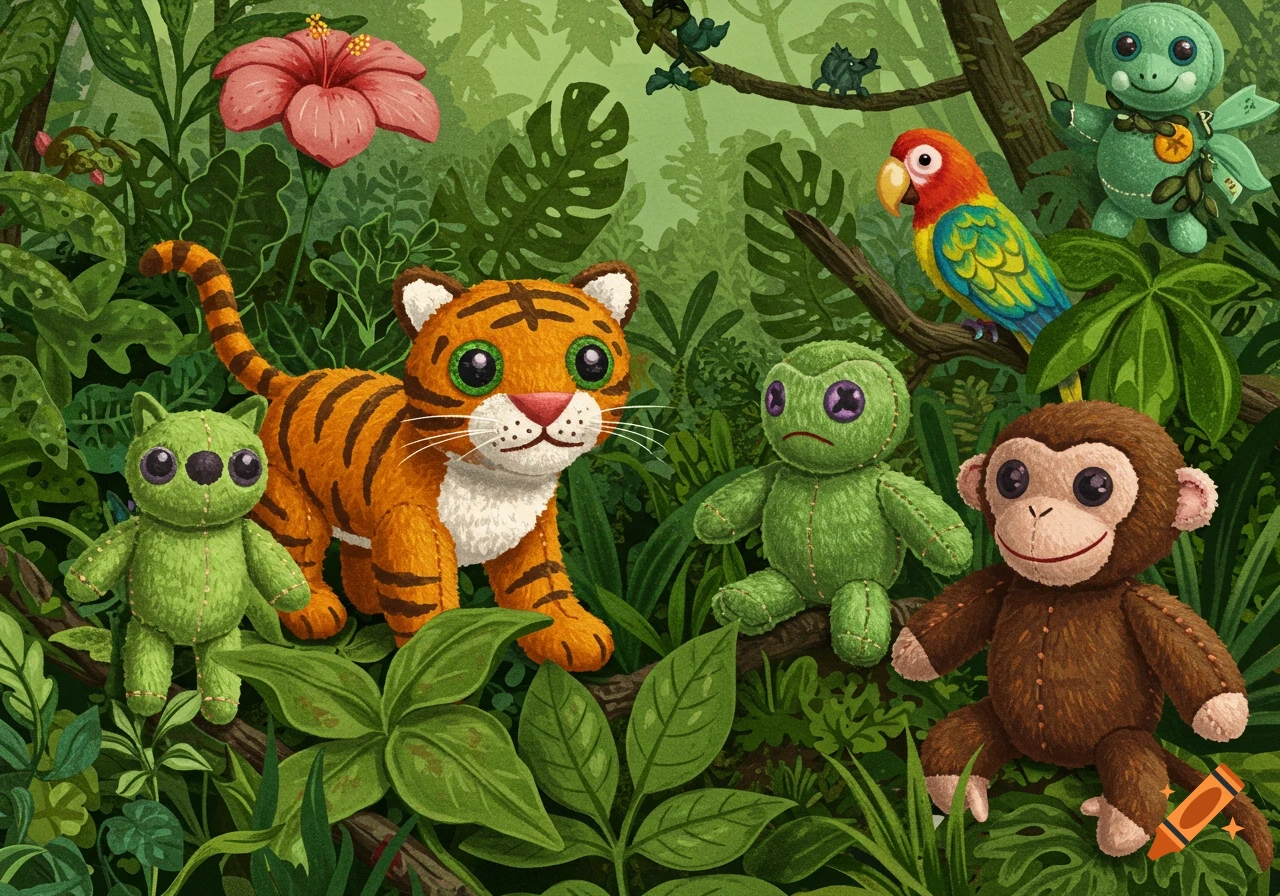 Plush toy jungle animals including a tiger, monkey, frog, turtle, and bird in a lush green jungle.