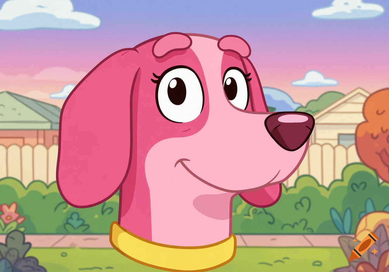 A pink cartoon dog character smiles in a backyard setting, in a style similar to Bluey.
