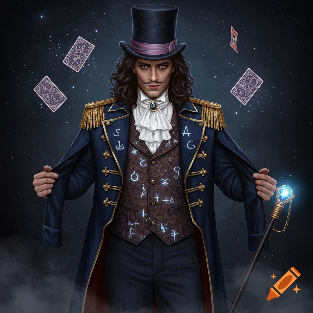 A magician in a dark blue coat with golden epaulets and a top hat holds his coat edges, with floating tarot cards and arcane symbols on his vest.