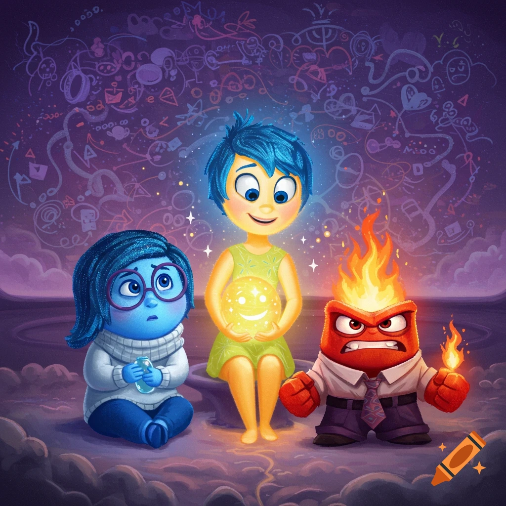 Sadness, Joy holding a glowing orb, and Anger from Inside Out are depicted.