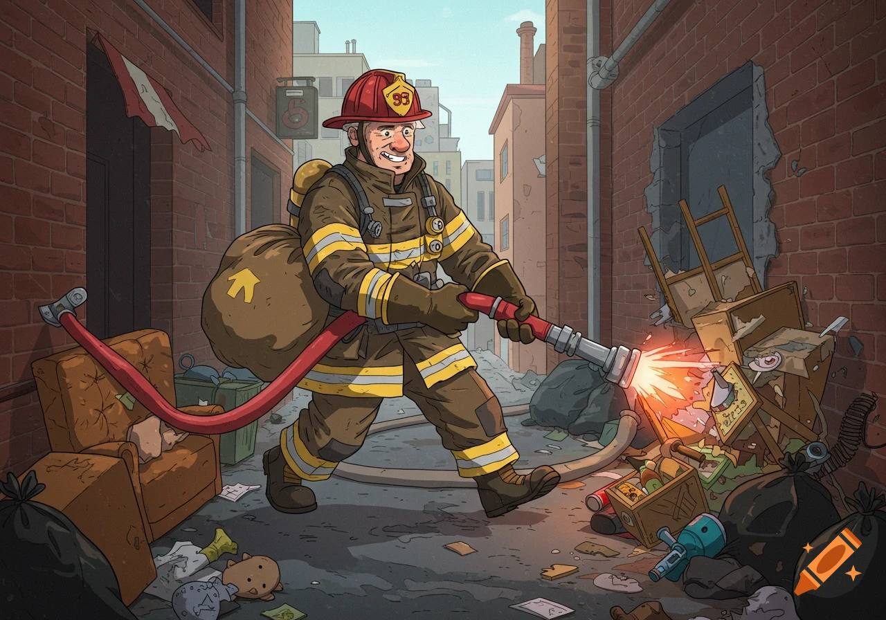 Cartoon illustration of a firefighter spraying a pile of junk with a hose in a cluttered alley.