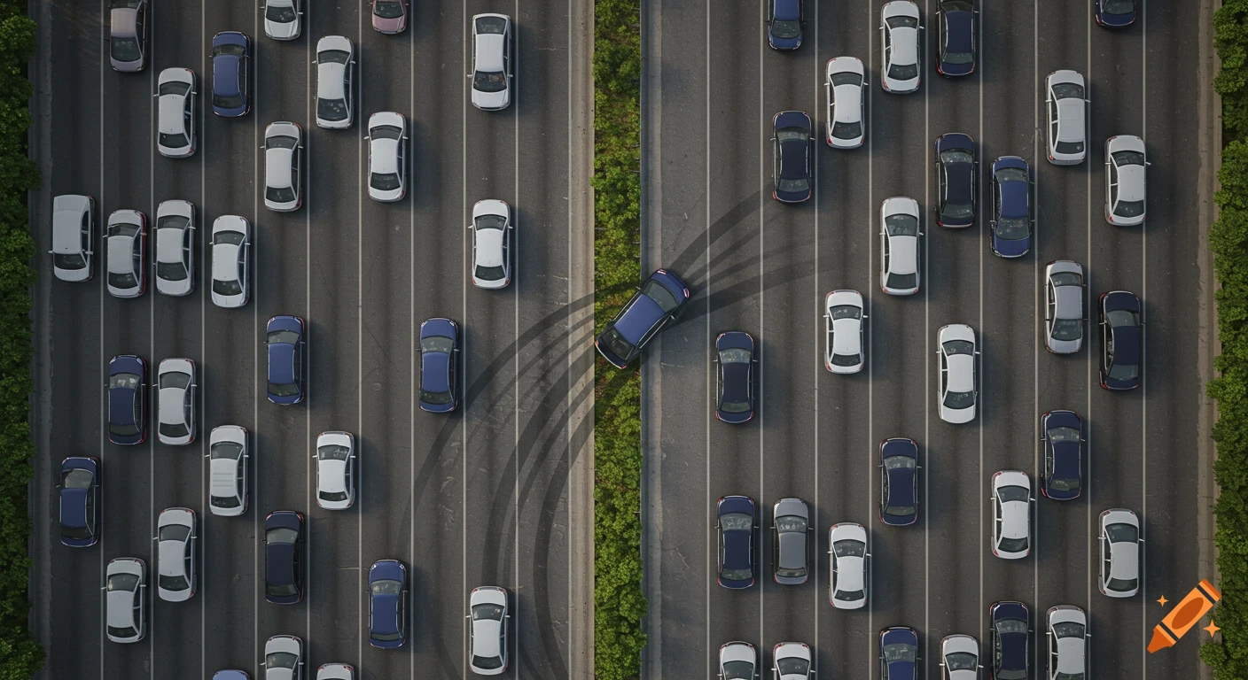 Overhead view of a traffic jam on a highway with one blue car swerving out of its lane.
