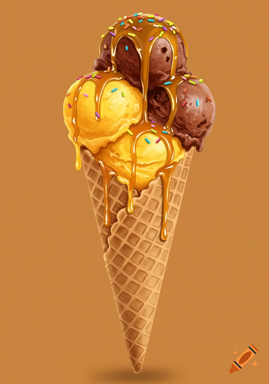 A waffle cone with yellow and chocolate ice cream scoops, caramel sauce, and rainbow sprinkles on a brown background.